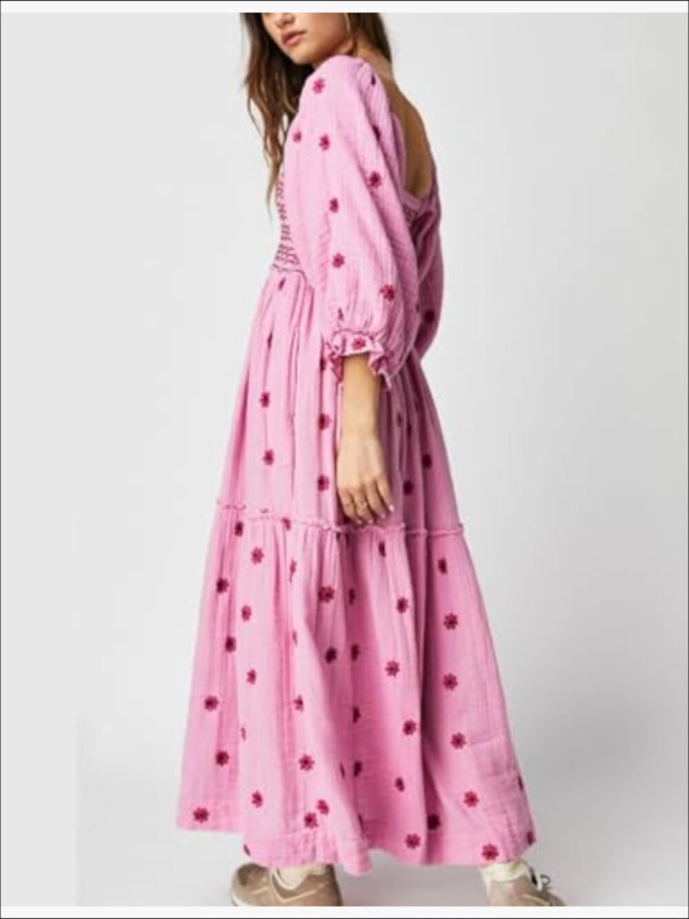 Womens Floral Embroidered Maxi Dress Long Puff Sleeve Square Neck Bohemian - Picture 4 of 4